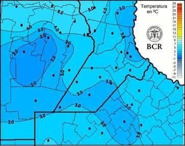 Mapa de isotermas de la BCR con valores de 2 y 3 °C en la región agrícola, con zonas de frío en tonos azules