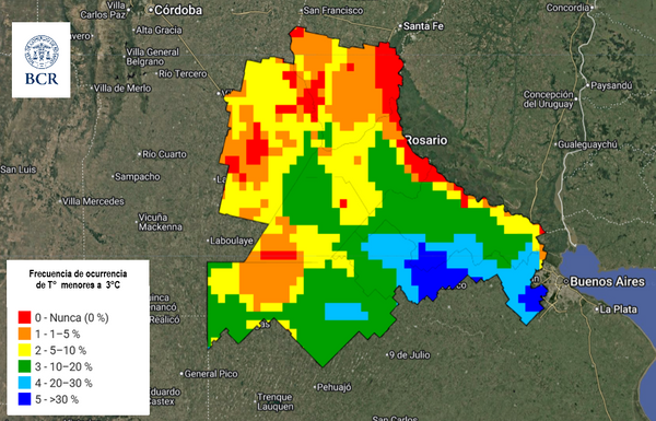 Mapa de la provincia de Buenos Aires con frecuencia de temperaturas menores a 3 °C: zonas de mayor ocurrencia en el sur y sudeste, y de menor en el norte y noreste