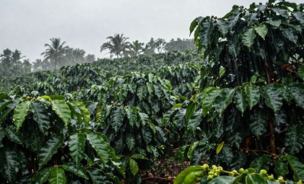 Lavoura de café arábica sob chuva durante a colheita da safra 2026/27 em região produtora do Brasil.