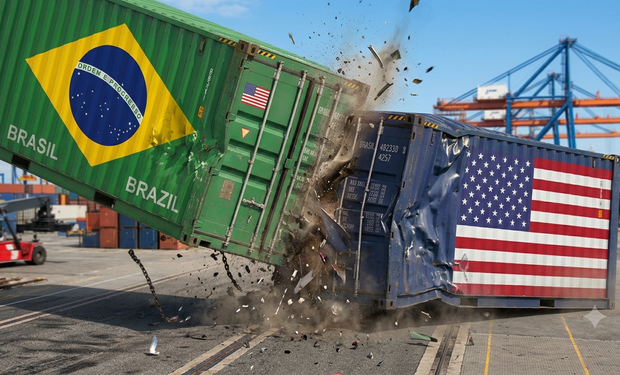 Contêineres suspensos com as bandeiras do Brasil e dos Estados Unidos colidem, representando a disputa comercial entre os dois países.