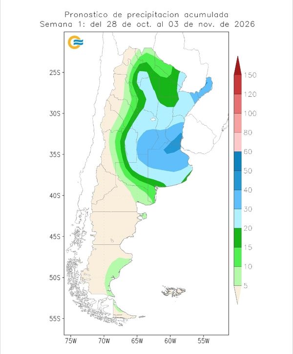 Mapa de lluvias acumuladas previstas en Argentina, con mayores milímetros en