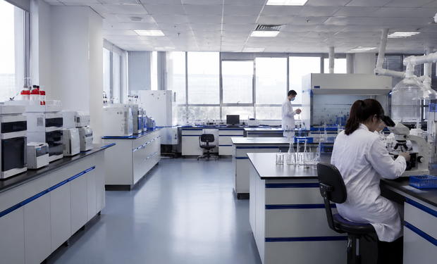 Laboratório moderno equipado para análises físico-químicas e microbiológicas, com profissionais realizando testes em amostras.