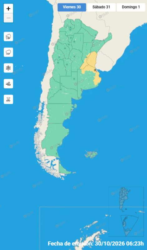 Mapa de Argentina con alerta por tormentas para el viernes 30: zonas en amarillo sobre Entre Ríos y Corrientes, resto en verde Hmm, let me reconsider: the rules say one line, max 100 characters, no ex