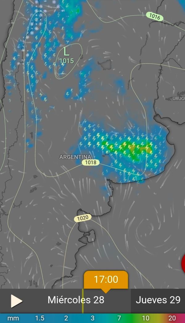 Mapa de pronóstico de lluvias y tormentas sobre Argentina y Uruguay para el miércoles 28 a las 17:00, con isobaras y referencias de milímetros