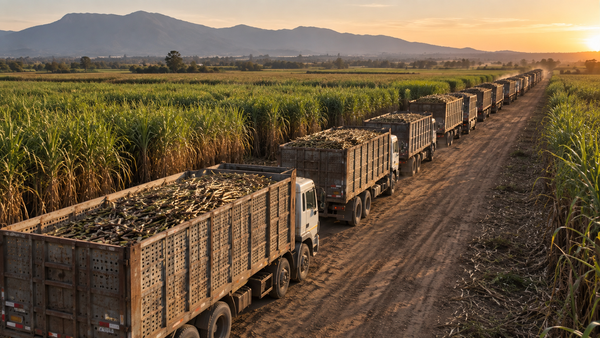 Camiones cargados de caña de azúcar en fila por un camino de tierra, junto a un cañaveral