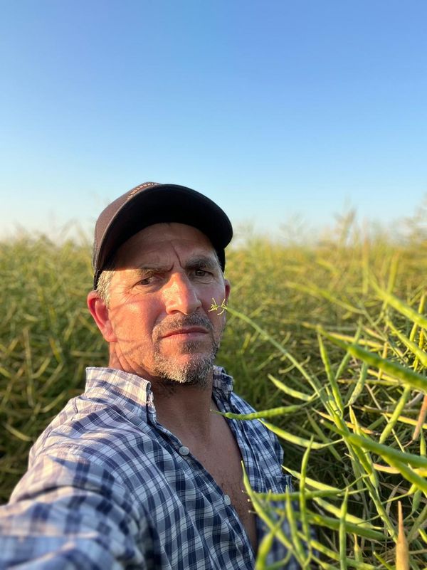 Ezequiel Suino con gorra y camisa a cuadros junto a un cultivo de colza con vainas verdes