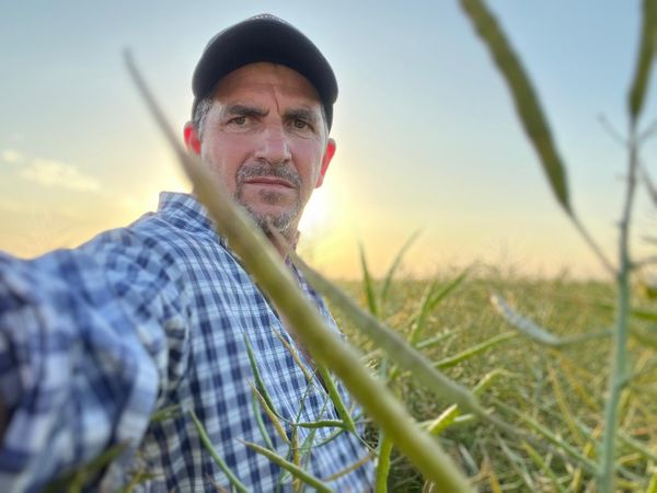 Ezequiel Sunio, asesor agrícola con gorra y camisa a cuadros en un cultivo de colza en flor, con el sol bajo al fondo