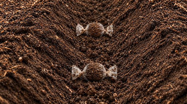 Dos semillas de caña envueltas en caramelo sobre surcos de tierra oscura, como ilustración de siembra con menos material