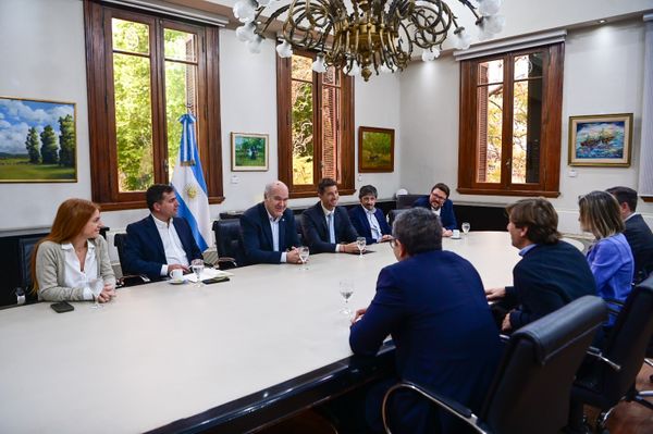 Reunión de funcionarios y directivos sentados alrededor de una mesa larga en una sala con banderas argentinas y pinturas en las paredes