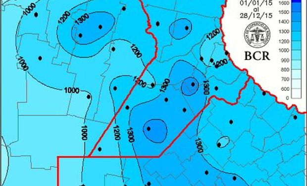 Precipitaciones acumuladas entre el 01/01/2015 y el 28/12/2015. Fuente: BCR.