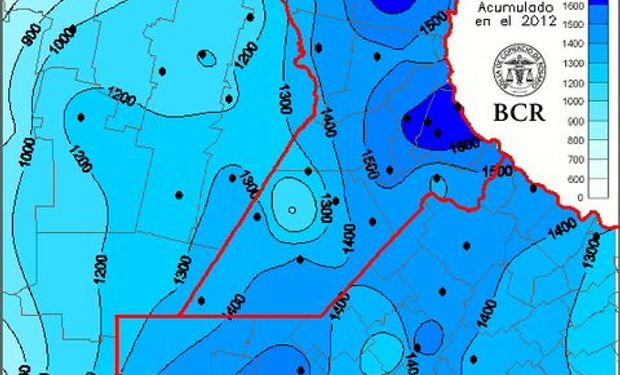 Precipitaciones acumuladas durante el año 2012. Fuente: BCR.