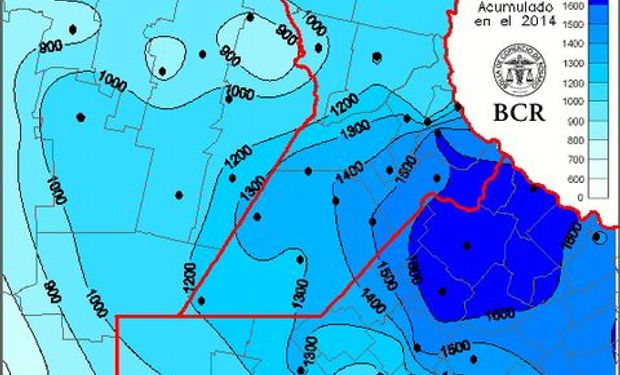 Precipitaciones acumuladas durante el año 2014. Fuente: BCR.
