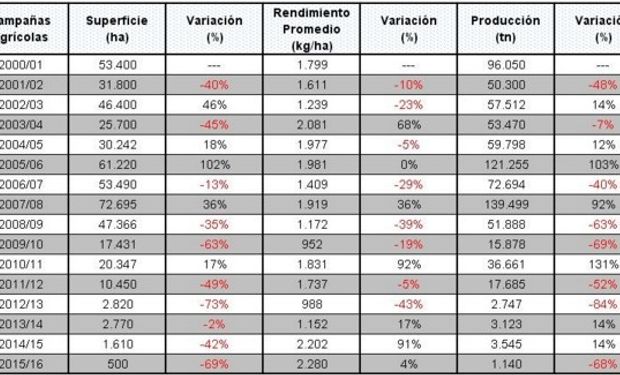 Evolución de la producción de girasol en Entre Ríos.