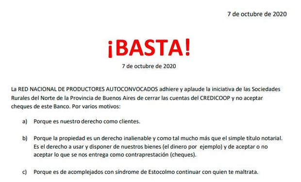 Fuerte respaldo de productores autoconvocados a la decisión de cerrar cuentas y no aceptar cheques del Credicoop