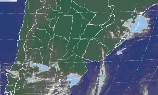 En la imagen satelital, se destaca el avance de una nueva perturbación desde la zona cuyana y el norte de la Patagonia, con nubosidad de escaso desarrollo.