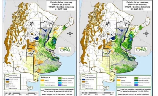 Los mapas corresponden a la estimación de contenido de agua en el primer metro de suelo para trigo de siembra temprana.