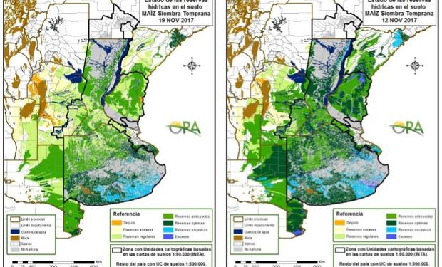 Los mapas corresponden a la estimación de contenido de agua en el suelo para lotes de maíz de siembra temprana