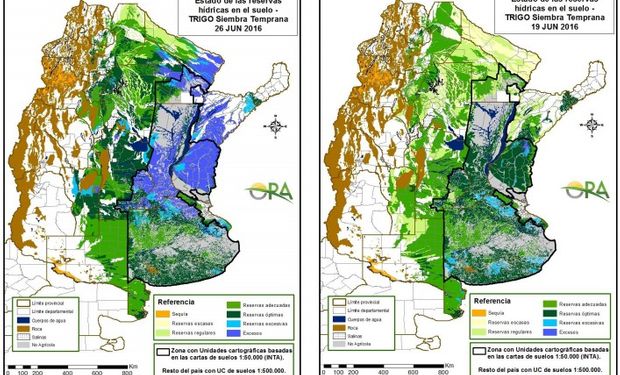 Reservas de humedad en trigo al 26 y 19 de junio respectivamente.