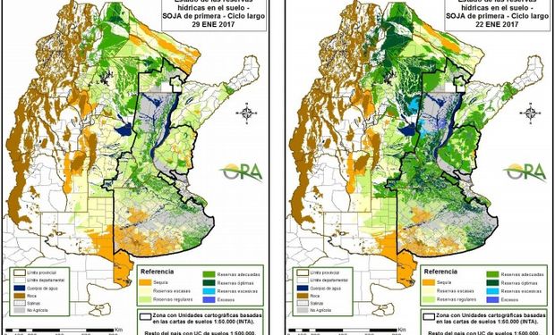 Reservas de humedad en soja al 29 y 22 de enero respectivamente.