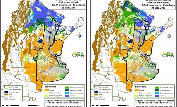 Reservas de agua en el suelo al 28 y 21 de enero respectivamente.