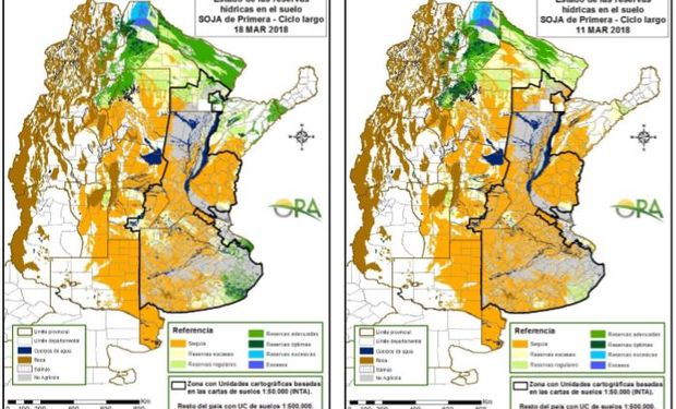 Los mapas corresponden a la estimación de contenido de agua en el suelo para lotes de soja de siembra temprana.