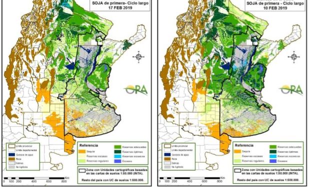 Los mapas corresponden a la estimación de contenido de agua en el primer metro de suelo para lotes de SOJA DE PRIMERA.