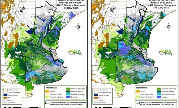 Reservas de humedad para maíz comparativamente al 29 y 22 de noviembre. Fuente: ORA.