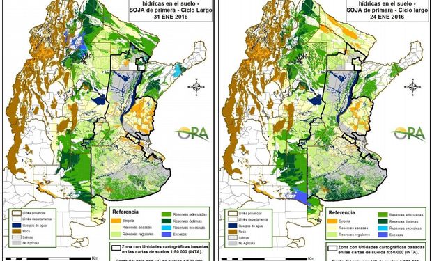 Reservas de humedad en soja de primera al 24 y al 31 de enero.