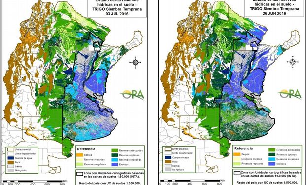 Reservas de humedad en trigo al 3 de julio y 26 de junio.