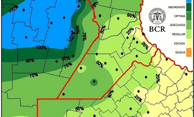 Estado de las reservas de humedad en el sur de la provincia de Santa Fe y alrededores. Fuente: BCR.