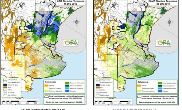 Los mapas corresponden a la estimación de contenido de agua en el primer metro de suelo para maíz de siembra temprana.