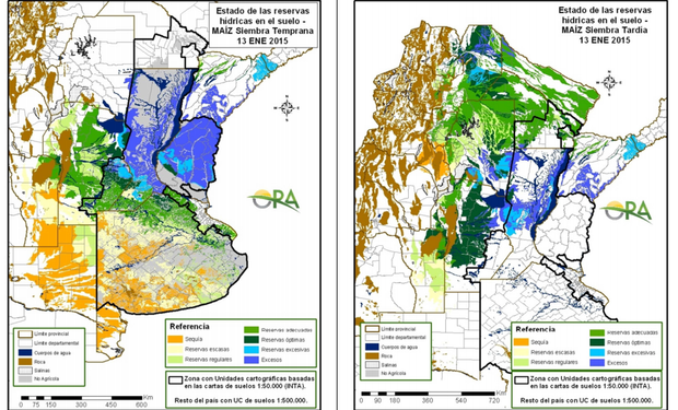 Mapa de reservas hídricas para el maíz hecho a partir de datos meteorológicos del SMN y del INTA e información de suelos del INTA.