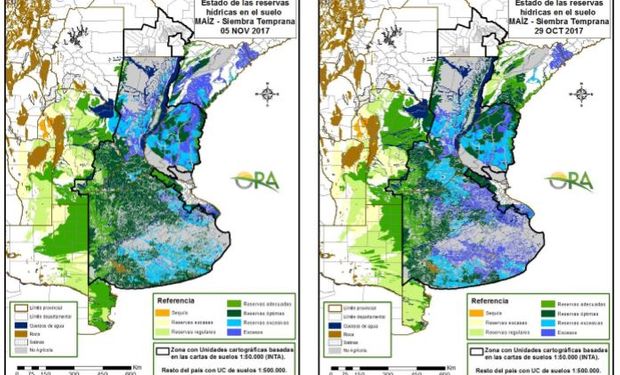 Los mapas corresponden a la estimación de contenido de agua en el suelo para lotes de maíz de siembra temprana.