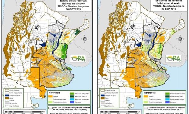 Trigo: reservas de humedad de ORA para el 29 de septiembre y 6 de octubre respectivamente.