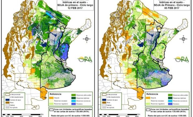 Reservas de humedad en soja al 12 y 5 de febrero.