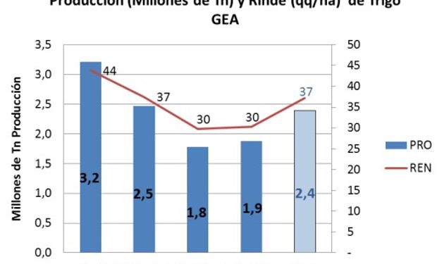 La primera proyección de rinde promedio de trigo para la región núcleo se sitúa en 37 qq/ha, lo que dejaría una producción de 2,4 millones de toneladas. Fuente: BCR