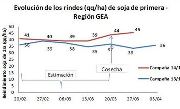 Con el 24% del área recolectada de soja de primera, el rinde promedio se ubica en 45 qq/ha. El rango va de 39 a 55 qq/ha. Fuente: BCR