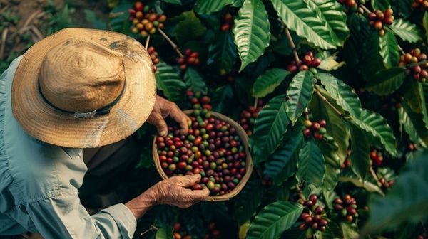 Lavoura de café durante colheita no Brasil em área de produção que pode registrar safra recorde em 2026, segundo a Conab.