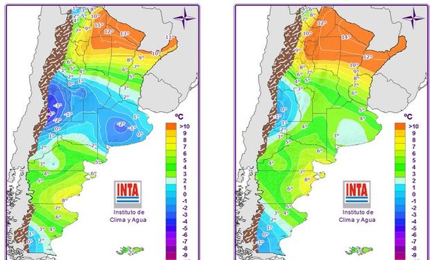 Mapas correspondientes a las temperaturas mínimas pronosticadas.