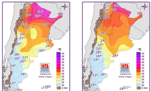 Mapas correspondientes a temperaturas máximas pronosticadas.