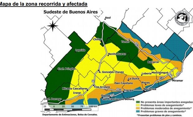 Mapa de la zona recorrida por la Bolsa de Cereales de Buenos Aires y afectada por excesos hídricos.