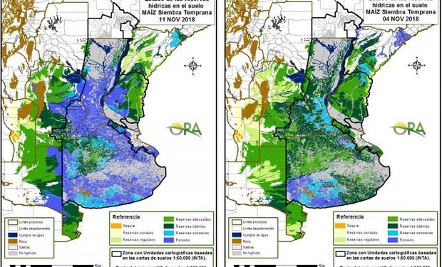 Maíz de siembra temprana: reservas de humedad para el 11 y 4 de noviembre respectivamente relevadas por ORA.