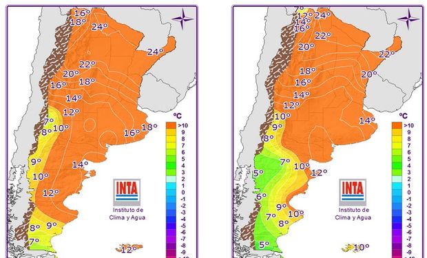 Mapas correspondientes a las temperaturas mínimas pronosticadas.
