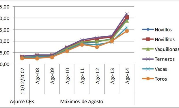 Crecimientos de precios desde Diciembre de 2007 hasta hoy en el mercado de Liniers.