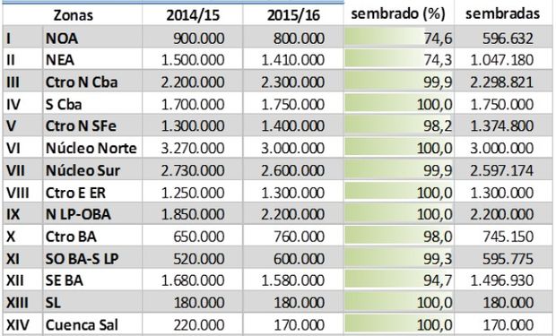 Siembra de soja. Datos al 14/01/16. Fuente: BCBA.