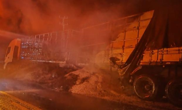O motorista da carreta estava fora do veículo no momento do incêndio e não sofreu nenhum tipo de ferimento. (Foto - Bombeiros)
