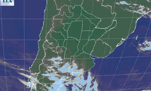 En el recorte de imagen satelital, se observa la nubosidad concentrada en el este de la Patagonia, la cual expande su influencia hasta el sudoeste de la región pampeana.