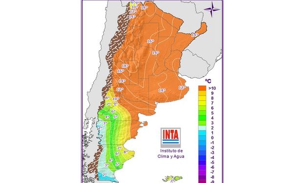 Mapa correspondiente a las temperaturas mínimas pronosticadas. Fuente: INTA