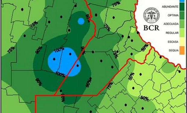 Reserva de agua útil para  pradera al 22/4/2015. Fuente: BCR