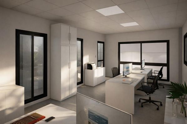 Tropfen_render de la obra_ oficinas de planta alta en la nave de producción
